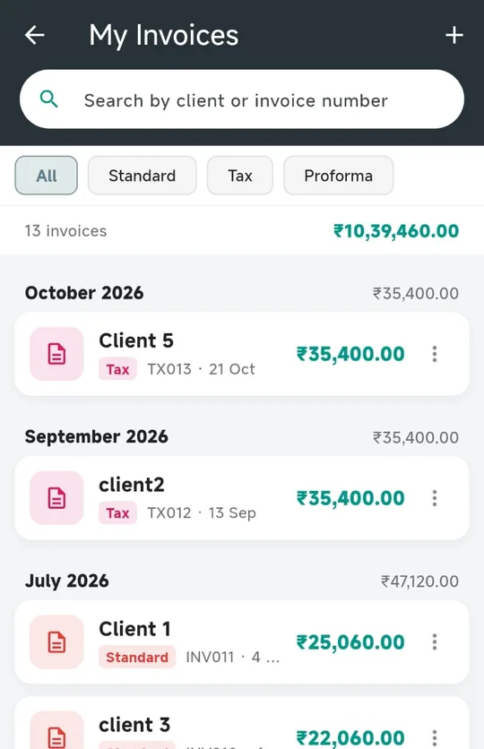 My Invoices screen with search, type filters and invoices grouped by month