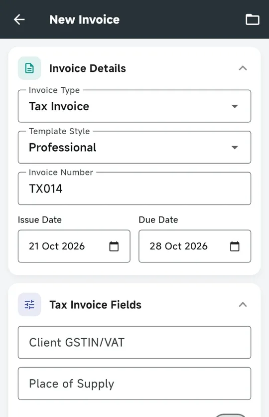 New Invoice screen with invoice type, template style, invoice number and dates